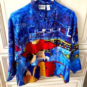 Chicos Size 1 Small silk button down Asian print blouse